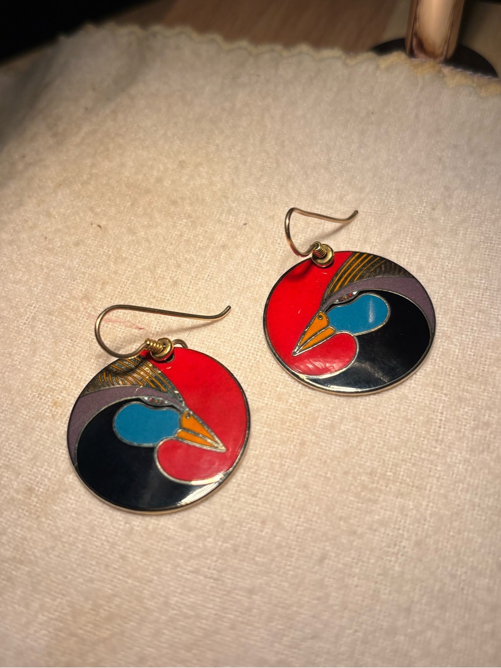 Vintage 80s Laurel Burch Marlequin Bird Gold Plated Red Drop Earrings Eclectic
